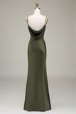 Dusty Sage Sheath Spaghetti Straps Satin Long Bridesmaid Dress