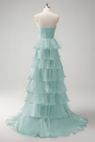 Orange Strapless Tiered Ruffle Cut Out A-Line Prom Dress with Slit