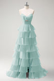 Orange Strapless Tiered Ruffle Cut Out A-Line Prom Dress with Slit