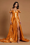 Golden A Line Ruffled Metallic Maxi Prom Dress with Slit