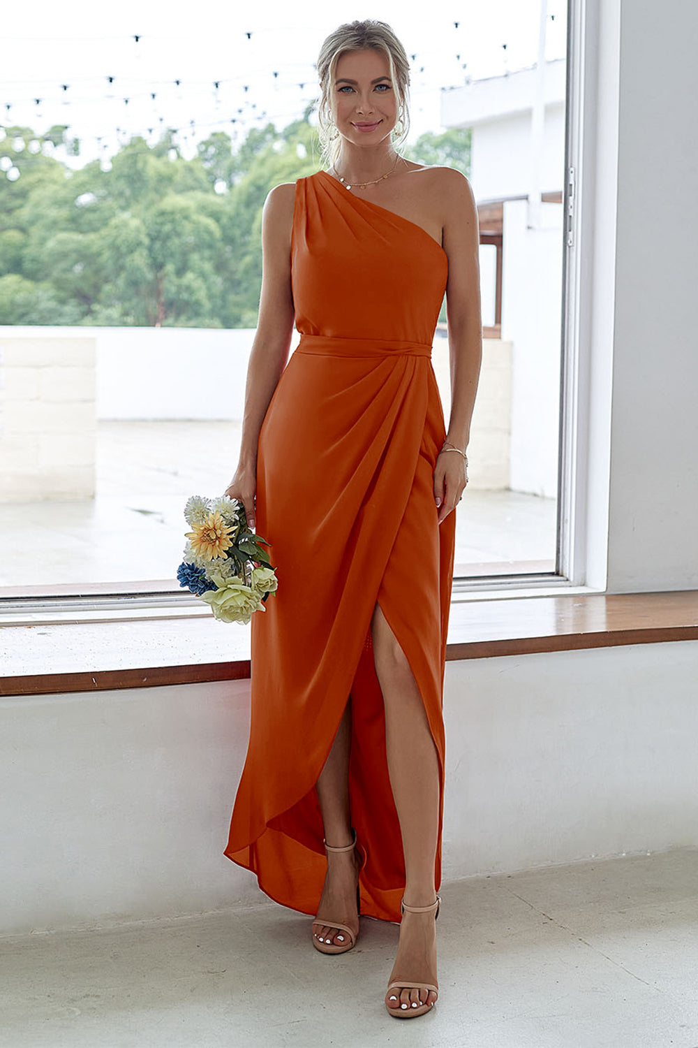 Leely Women Rust Long Bridesmaid Dress One Shoulder Satin