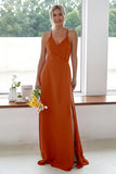 Burgundy A Line Long Bridesmaid Dress With Slit