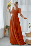 Mint Green A Line V Neck Long Pleated Bridesmaid Dress