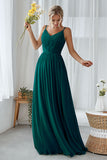 Mint Green A Line V Neck Long Pleated Bridesmaid Dress