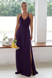 Burgundy A Line Long Bridesmaid Dress With Slit
