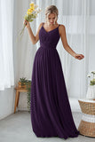 Mint Green A Line V Neck Long Pleated Bridesmaid Dress