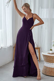 Slate Blue A Line Ruffles Long Bridesmaid Dress With Split