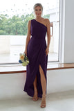 Rust One Shoulder Satin Long Asymmetrical Bridesmaid Dress