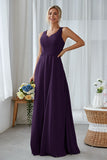 Silver A Line Chiffon Long Bridesmaid Dress With Pockets