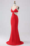 Spaghetti Straps Mermaid Backless Red Prom Dress