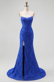 Royal Blue Mermaid Sweetheart Lace Long Corset Evening Dress with Slit