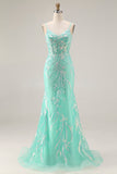 Floral Purple Mermaid Lace Sparkly Long Prom Dress