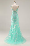 Floral Sparkly Mint Green Mermaid Lace Long Prom Dress
