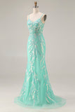 Floral Sparkly Mint Green Mermaid Lace Long Prom Dress