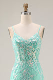 Floral Sparkly Mint Green Mermaid Lace Long Prom Dress