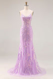 Floral Purple Mermaid Lace Sparkly Long Prom Dress