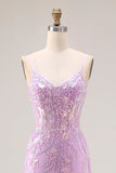 Floral Purple Mermaid Lace Sparkly Long Prom Dress