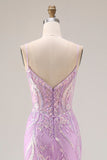 Floral Purple Mermaid Lace Sparkly Long Prom Dress