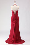 Sparkly Dark Red Beaded Halter Long Mermaid Prom Dress with Slit