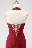 Sparkly Dark Red Beaded Halter Long Mermaid Prom Dress with Slit