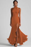 Black Halter Sheath Ruffled Formal Dress with Slit
