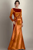 Satin Mermaid Terracotta Long Sleeves Mother of the Bride Dress with Sash