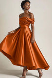 High Low Off the Shoulder Satin Terracotta Mother of the Bride Dress