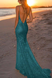 Sparkly Dusty Sage Sequined Spaghetti Straps Mermaid Formal Dress