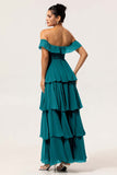 Dark Green Tiered A Line Maxi Bridesmaid Dress