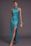 Sparkly Black Mermaid High Neck Sequins Long Formal Dress with Slit