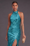 Sparkly Black Mermaid High Neck Sequins Long Formal Dress with Slit