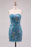 Sparkly Floral Pink Sequin Bodycon Short Cocktail Dress with Beading