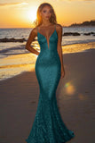 Sparkly Dusty Sage Sequined Spaghetti Straps Mermaid Formal Dress