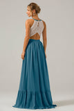 Ivory A-Line Halter Pleated Keyhole Chiffon Bridesmaid Dress With Lace
