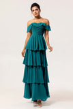 Dark Green Tiered A Line Maxi Bridesmaid Dress