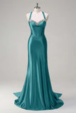 Pink Beaded Corset Satin Mermaid Sweep Train Prom Dress