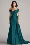 Peacock Mermaid Satin Off the Shoulder Long Formal Dress with Pleats