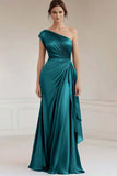 Peacock One Shoulder Sheath Satin Maxi Ruched Formal Dress