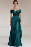 Satin Peacock Sheath Off the Shoulder Long Formal Dress