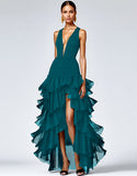 Black A Line Deep V-Neck Ruffled Long Formal Dress with Slit
