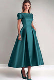 Peacock Satin A-Line Short Sleeves Mother of the Bride Dress