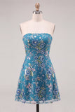Pink Sparkly Floral Beaded Strapless Sequin Short Cocktail Dress