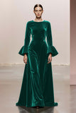 Dark Green Round Neck A Line Velvet Long Formal Dress with Sleeves