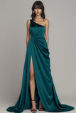 Satin Peacock A Line One Shoulder Ruched Long Formal Dress with Slit