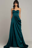 A Line Strapless Peacock Satin Long Formal Dress with Slit