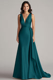 Peacock Mermaid Deep V-Neck Long Satin Formal Dress with Drape