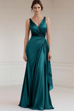 Peacock Sheath Satin Sleeveless Long Formal Dress with Ruffles