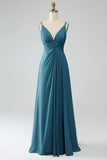 A-Line Pleated Spaghetti Straps Chiffon Bridesmaid Dress With Slit