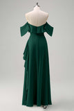 Pine Ruffled Chiffon Maxi Bridesmaid Dress with Slit