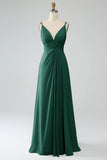 A-Line Pleated Spaghetti Straps Chiffon Bridesmaid Dress With Slit